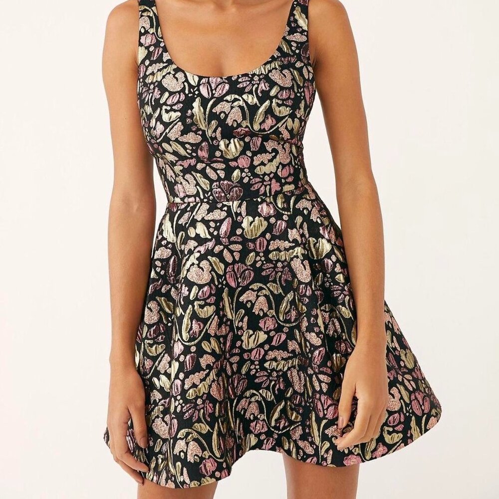 Free People Metallic mini flare black and pink dress